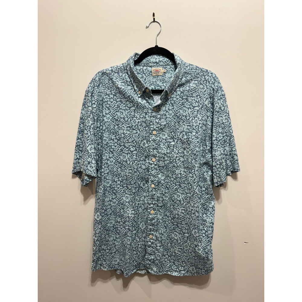 Faherty Brand Mens XL Short Sleeve Button Down Shirt Blue Floral Geometric Print